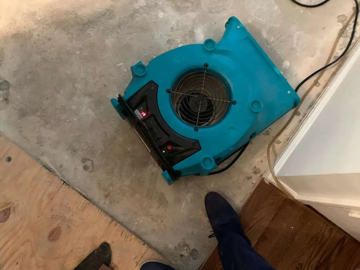 Air mover drying subfloor during Leak Detection & Repair in Carencro